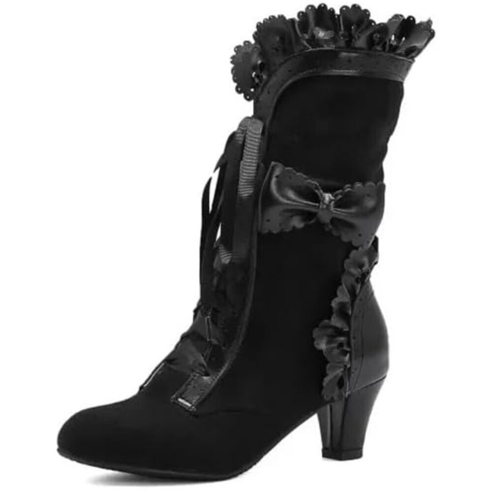 Women's Black Victorian Boots Chunky Heels Lace up Cute Bow Knot Mid Calf